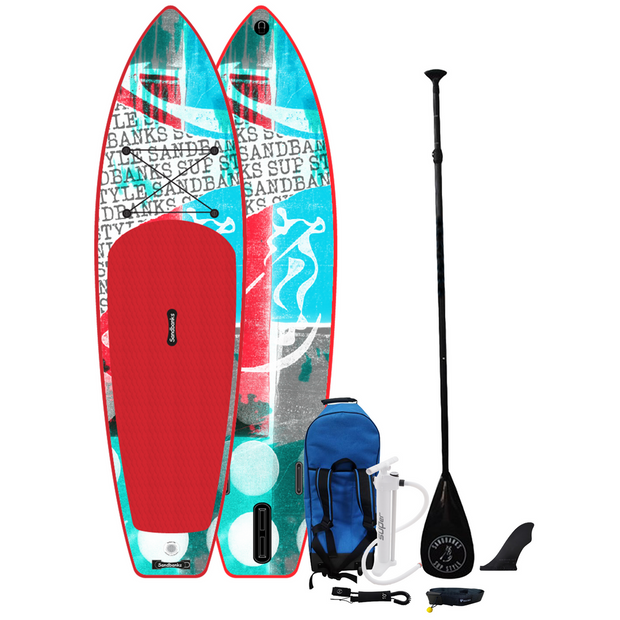 11 ft cruiser extra stable  red and blue patterned isup paddleboard package with carbon hybrid paddle