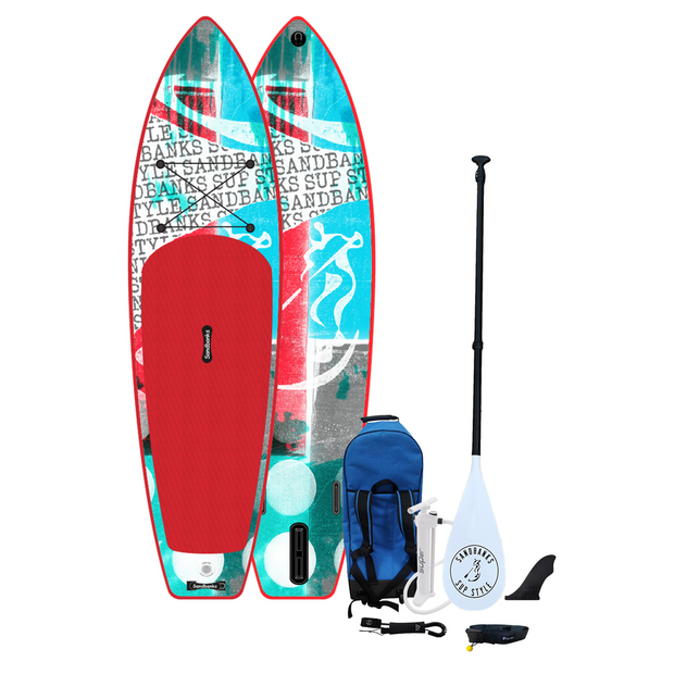 11 ft cruiser extra stable  red and blue patterned isup paddleboard package 